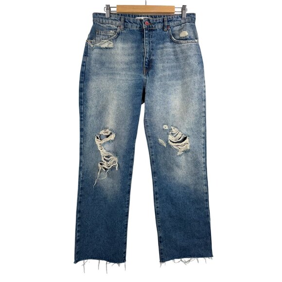 zara 90s relaxed wide leg distressed cropped jeans retro boho sz 8 - Picture 1 of 9